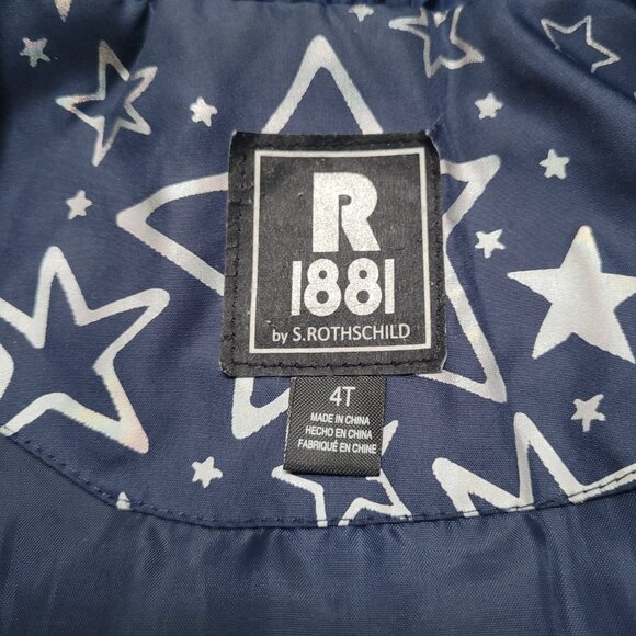 R1881 S. Rothschild Puffer Jacket Hooded Fur Trim Silver Foil Stars Navy 4T - Picture 5 of 9